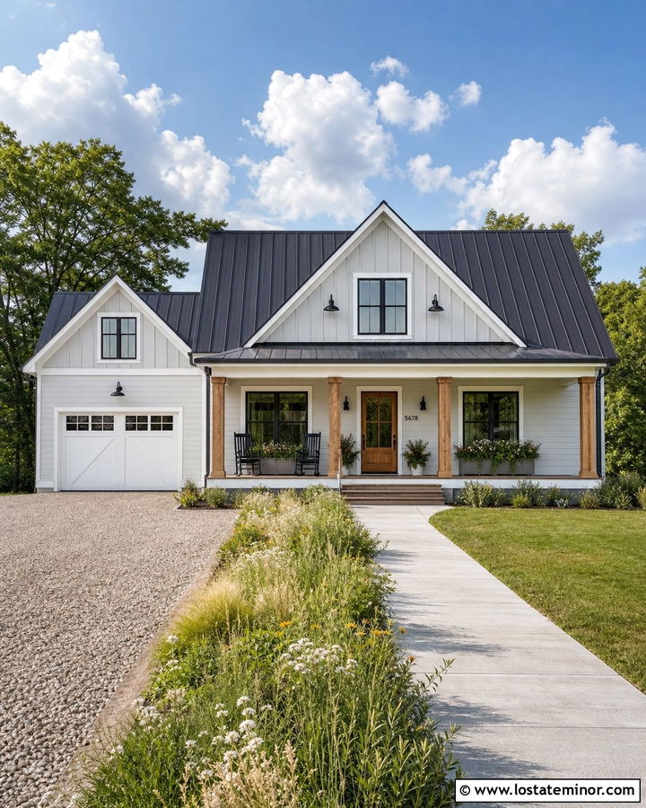 Light Grey Farmhouse With Natural Wood Screen Door - 30 Light Grey House Design With Screen Door Ideas