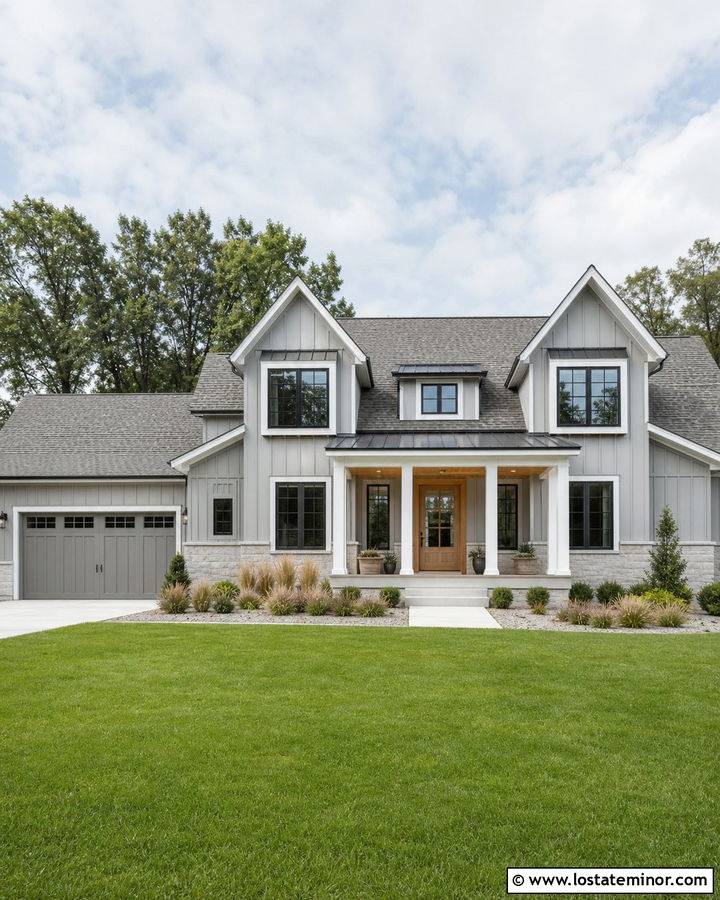 Light Grey Farmhouse With Pewter Roof Shingles - 30 Light Grey House Design With Shingles Ideas