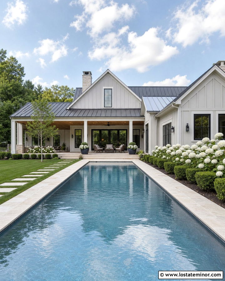 Light Grey Farmhouse With Rectangular Pool - 30 Light Grey House Design With Swimming Pool Ideas