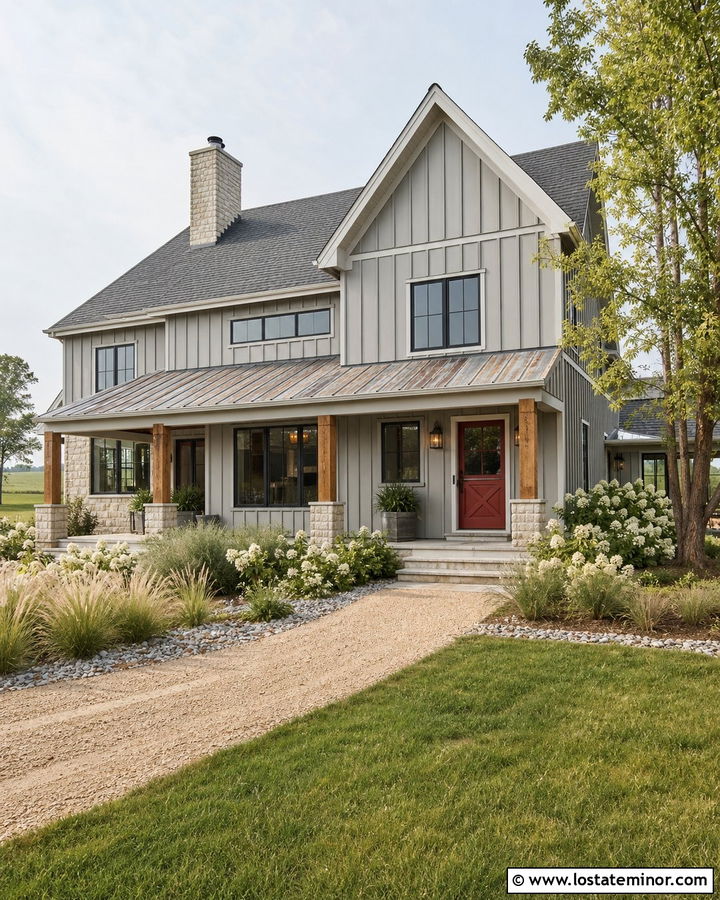 Light Grey Farmhouse With Red Dutch Door - 30 Light Grey House Design With Dutch Door Ideas