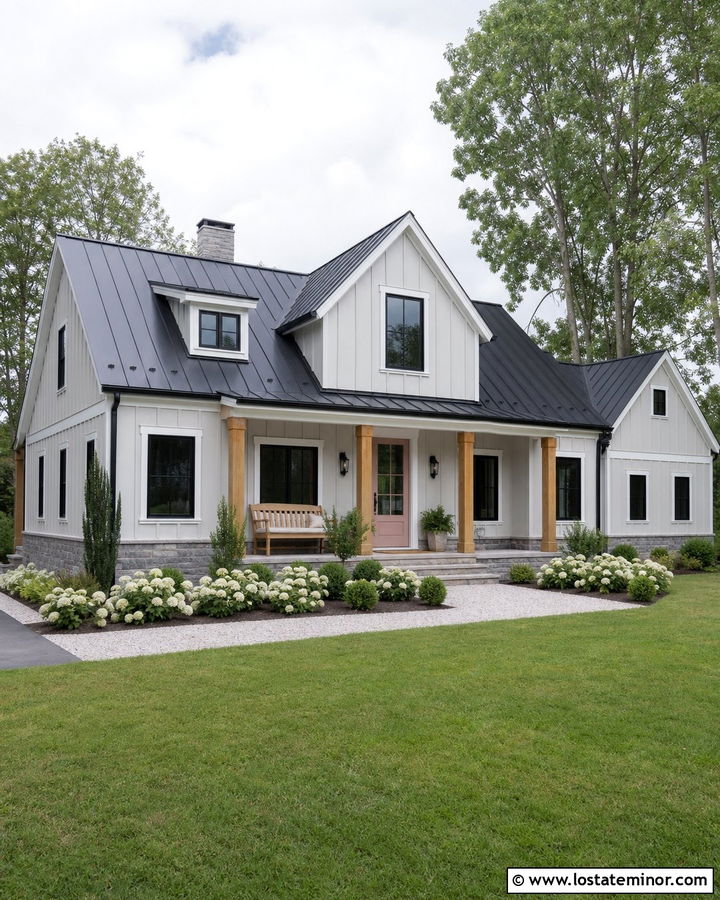 Light Grey Farmhouse With Soft Pink Front Door - 30 Light Grey House Design With Front Door Ideas