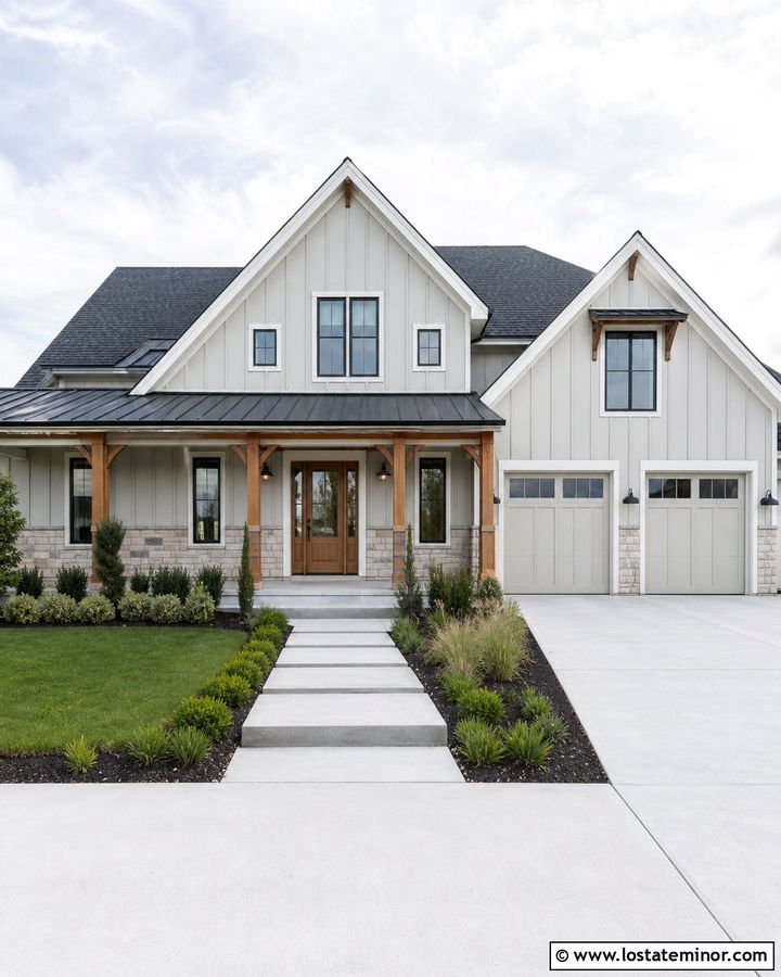 Light Grey Farmhouse With Stone Wainscoting - 30 Light Grey House Design With Wainscoting Ideas