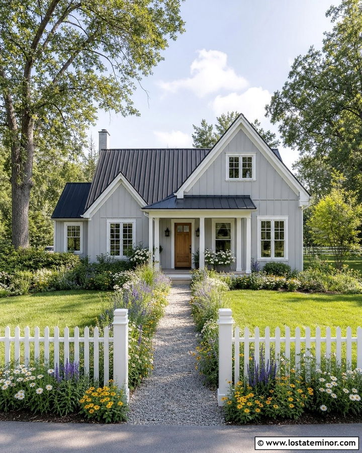 Light Grey Farmhouse With White Fence And Wildflowers - 30 Light Grey House Design With Front Yard Ideas