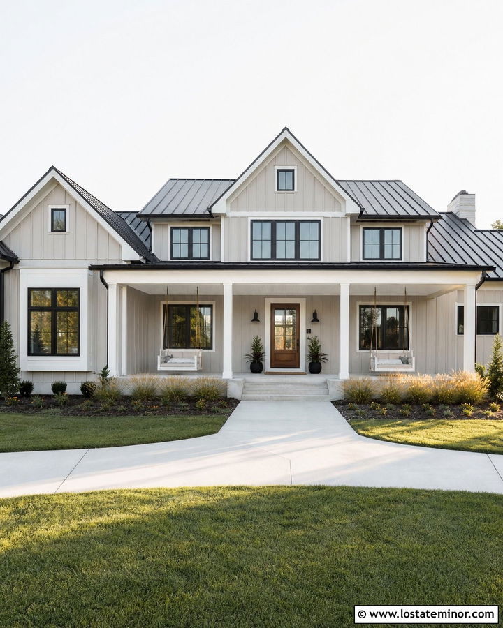 Light Grey Farmhouse With White Shiplap Porch Ceiling - 30 Light Grey House Design With Porch Ceiling Ideas
