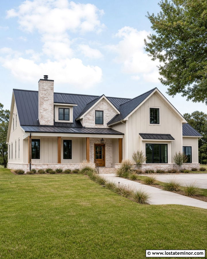 Light Grey Farmhouse With Whitewashed Brick - 30 Light Grey House Design With Brick Accents Ideas