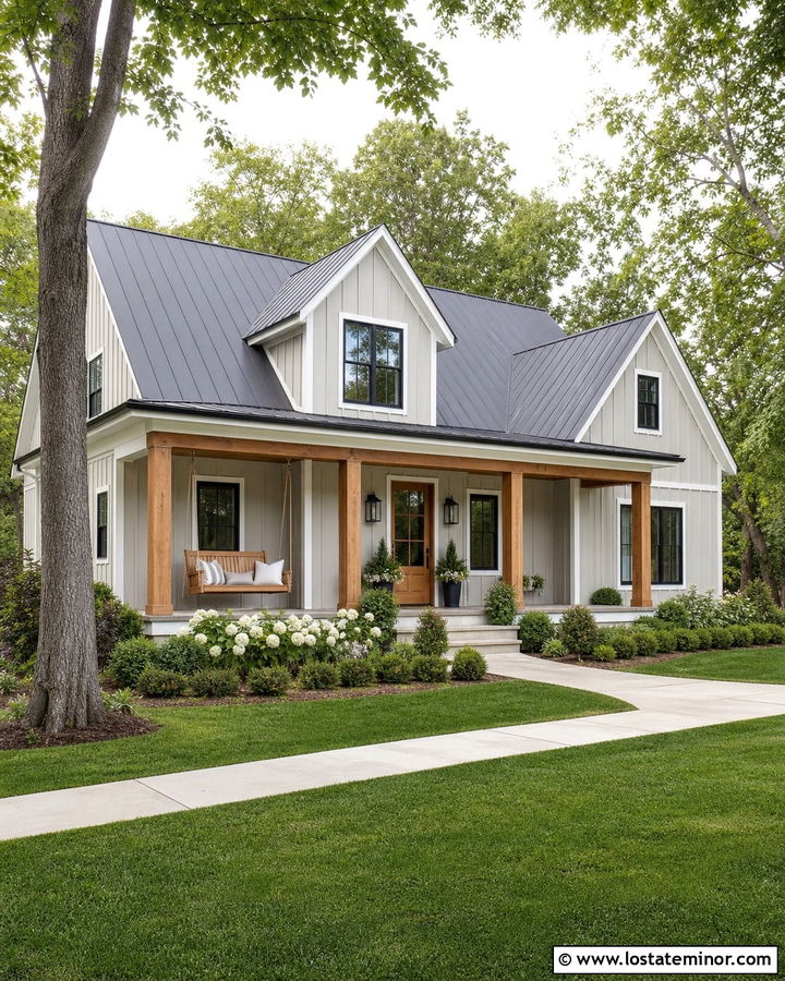 Light Grey Farmhouse With Wood Porch Swing - 30 Light Grey House Design With Swing Ideas
