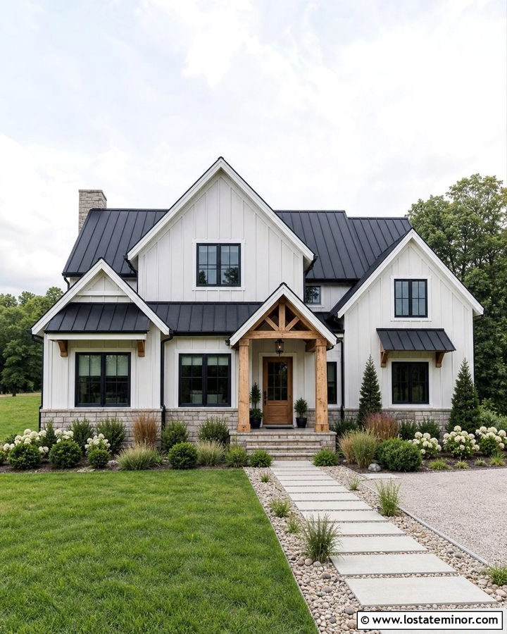 Light Grey Farmhouse With Wood Portico - 30 Light Grey House Design With Portico Ideas