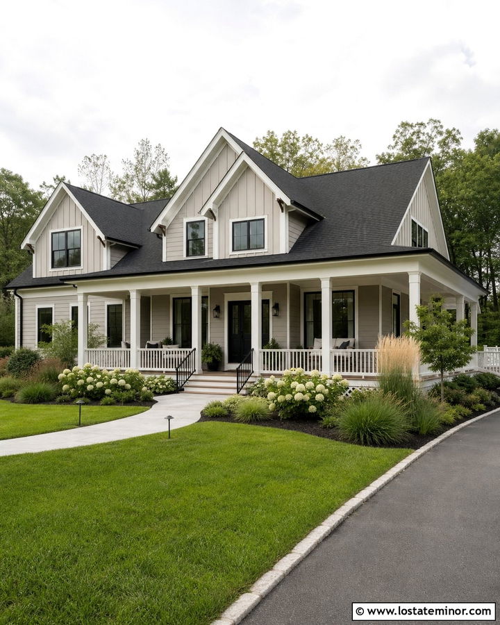 Light Grey Farmhouse With Wraparound Front Porch - 30 Light Grey House Design With Front Porch Ideas
