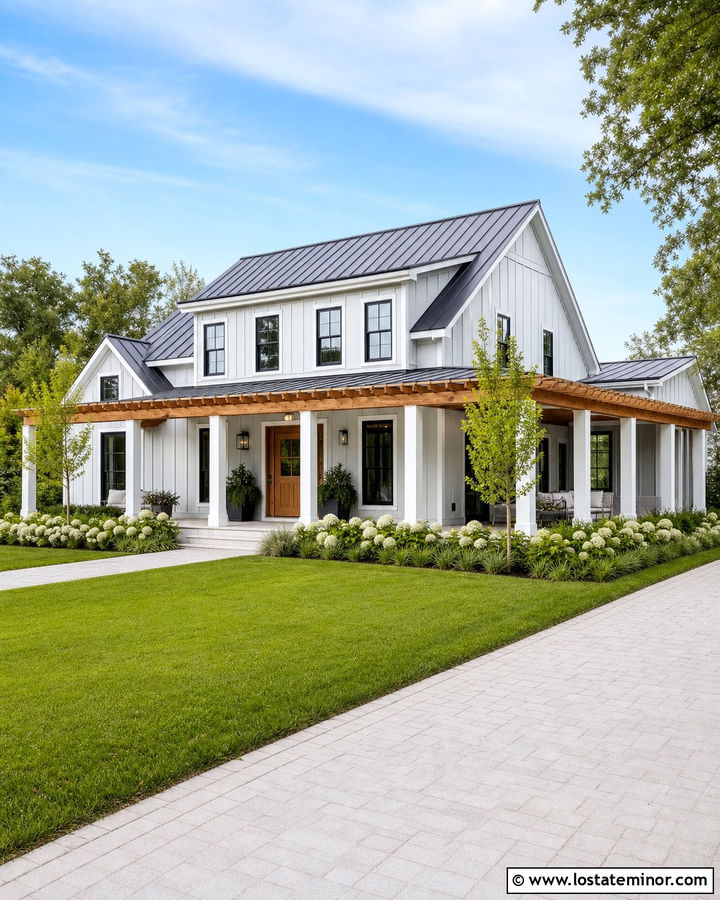 Light Grey Farmhouse With Wraparound Pergola - 30 Light Grey House Design With Pergola Ideas