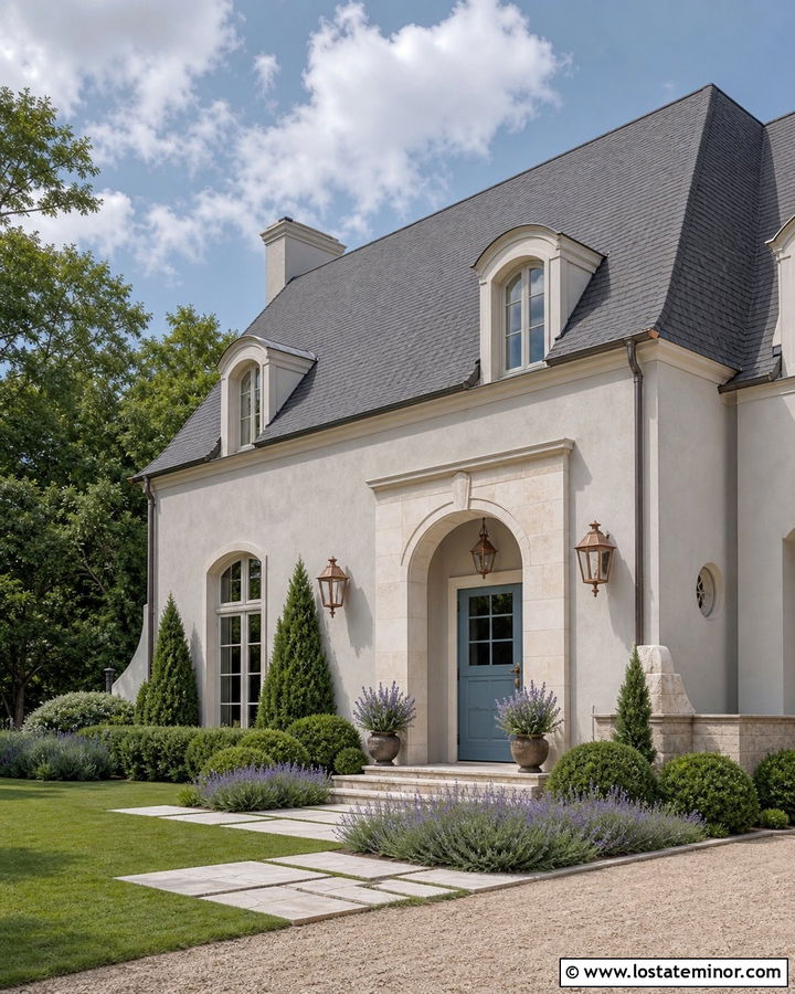 Light Grey French Country House With Blue Dutch Door - 30 Light Grey House Design With Dutch Door Ideas