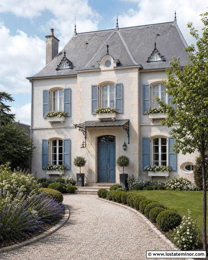 Light Grey French Country House With Cream Window Boxes - 30 Light Grey House Design With Window Boxes Ideas