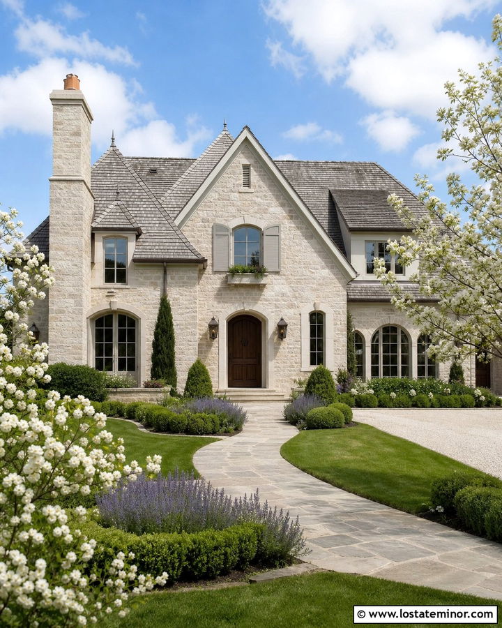 Light Grey French Country House With Gables - 30 Light Grey House Design With Gables Ideas