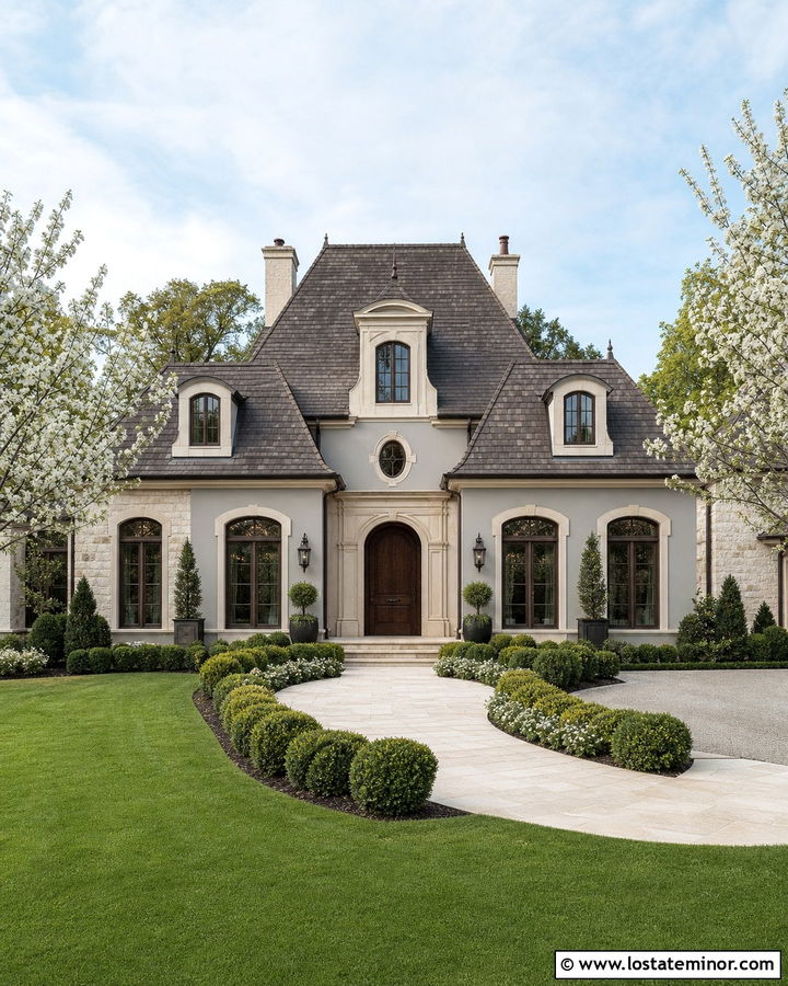 Light Grey French Country House With Hipped Dormers - 30 Light Grey House Design With Dormers Ideas
