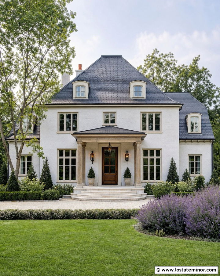 Light Grey French Country House With Hipped Portico - 30 Light Grey House Design With Portico Ideas