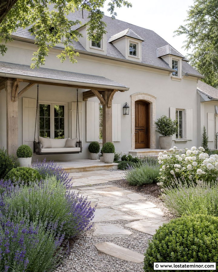 Light Grey French Country House With Iron Swing - 30 Light Grey House Design With Swing Ideas