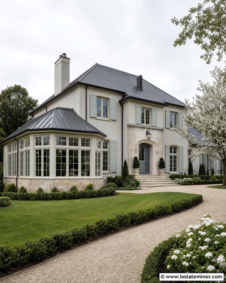 Light Grey French Country House With Limestone Sunroom - 30 Light Grey House Design With Sunroom Ideas