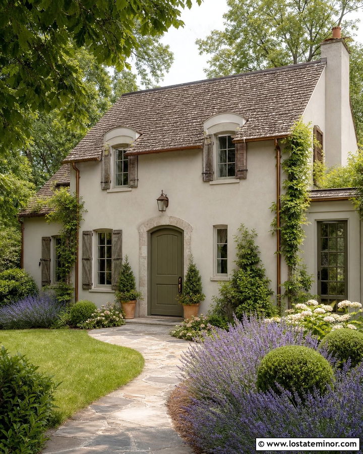 Light Grey French Country House With Olive Door - 30 Light Grey House Design With Front Door Ideas