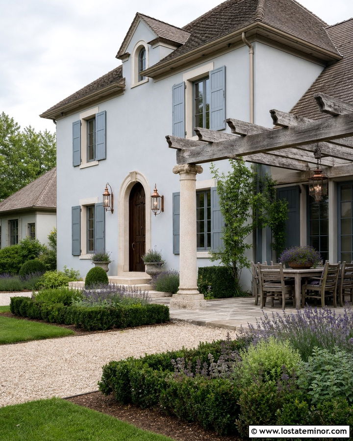 Light Grey French Country House With Pergola - 30 Light Grey House Design With Pergola Ideas