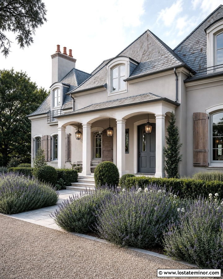 Light Grey French Country House With Stone Porch - 30 Light Grey House Design With Front Porch Ideas