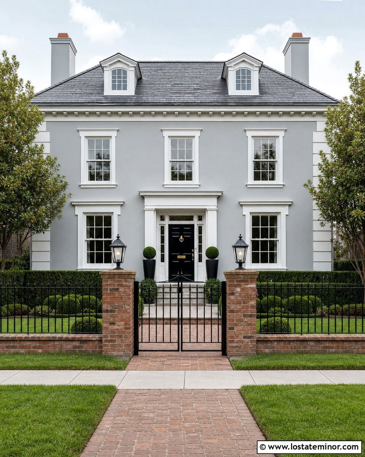 Light Grey Georgian House With Brick Pillar Fence - 30 Light Grey House Design With Fence Ideas