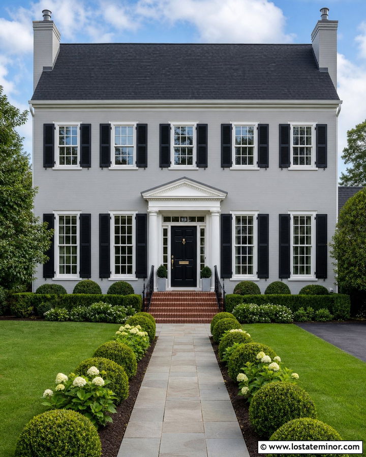 Light Grey Georgian House With Glossy Black Door - 30 Light Grey House Design With Front Door Ideas