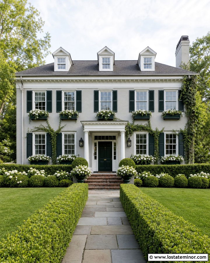 Light Grey Georgian With Dark Green Window Boxes - 30 Light Grey House Design With Window Boxes Ideas