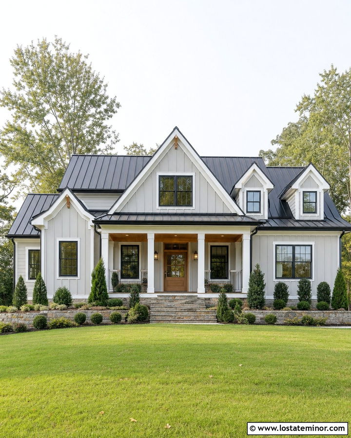 Light Grey House With A Black Metal Roof - 30 Light Grey House Design With Dormers Ideas