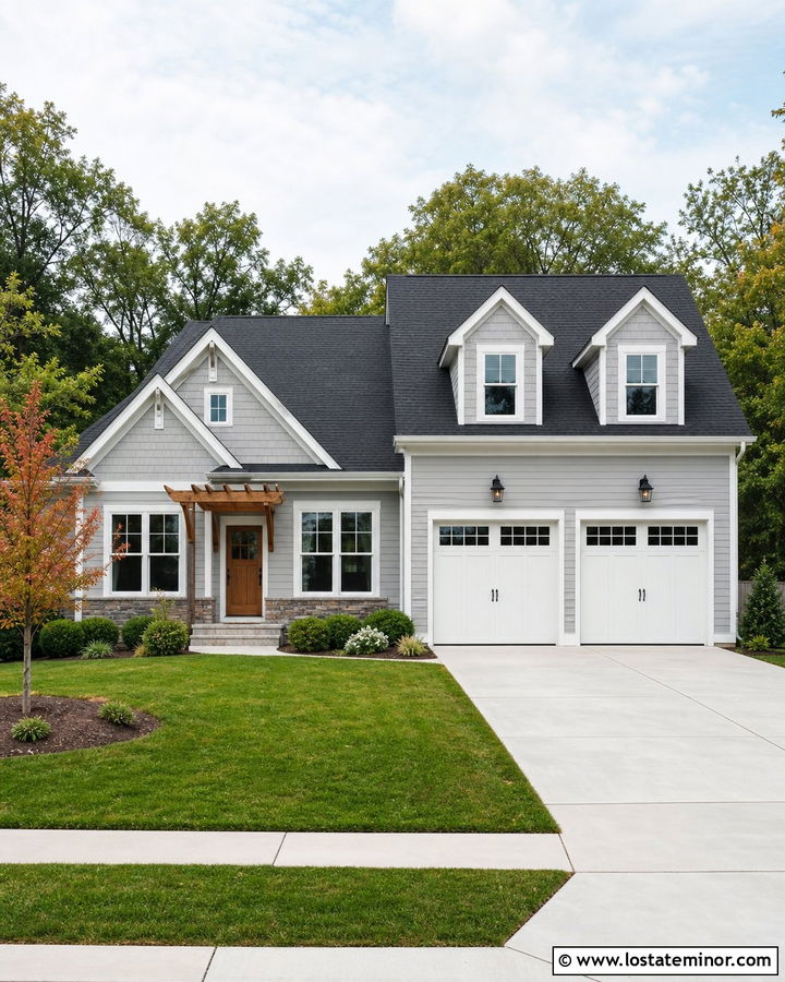 Light Grey House With A Double Garage And Dormers - 30 Light Grey House Design With Dormers Ideas