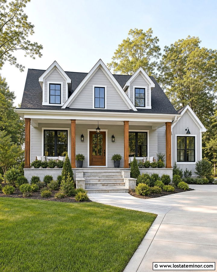 Light Grey House With A Natural Wood Door - 30 Light Grey House Design With Dormers Ideas