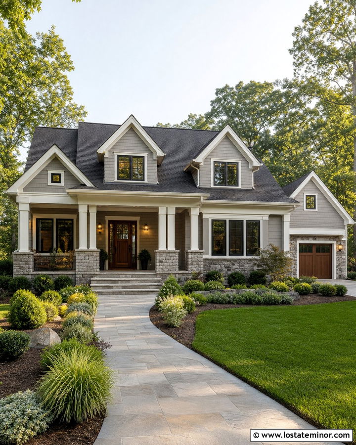 Light Grey House With A Stone Porch And Dormers - 30 Light Grey House Design With Dormers Ideas