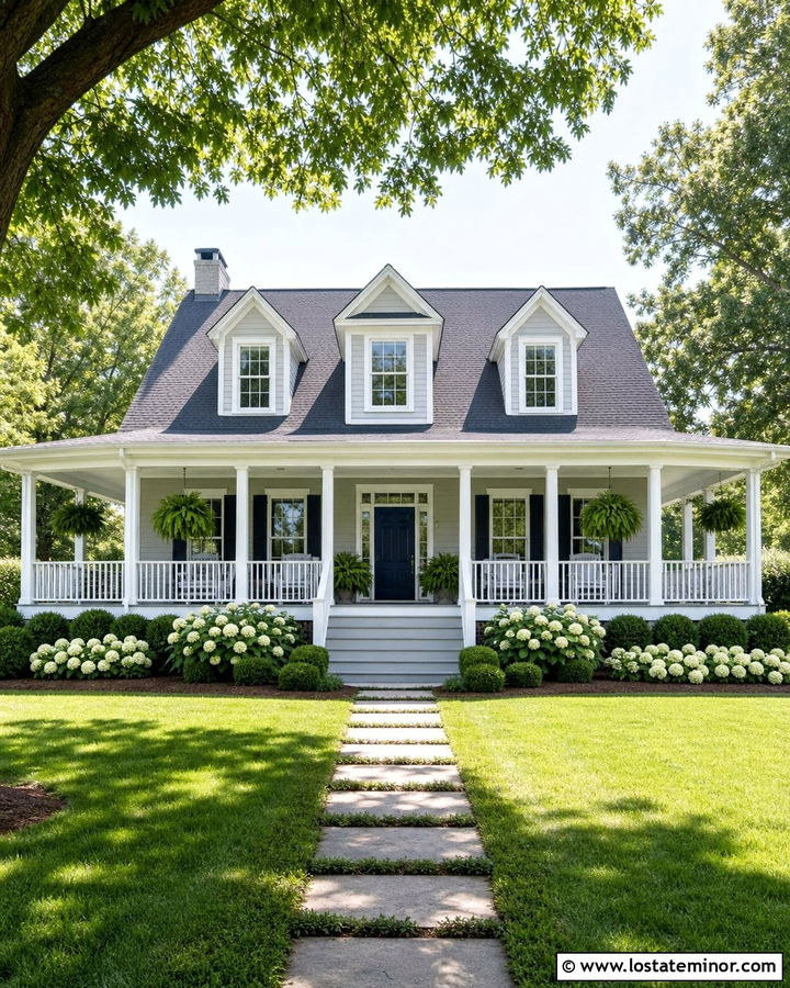Light Grey House With A Wraparound Porch And Dormers - 30 Light Grey House Design With Dormers Ideas