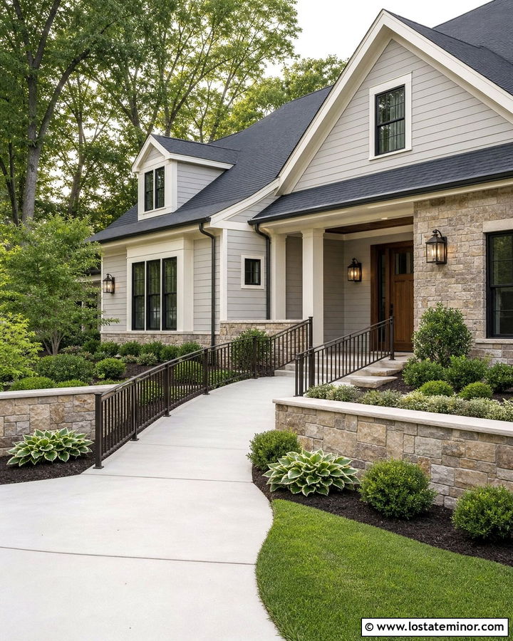 Light Grey House With Accessible Entry Railings - 30 Light Grey House Design With Railings Ideas