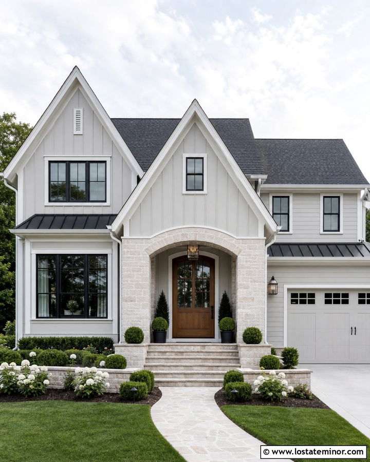 Light Grey House With Arched Entry Gable - 30 Light Grey House Design With Gables Ideas
