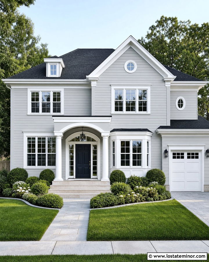 Light Grey House With Arched Porch And Round Columns - 30 Light Grey House Design With Porch Columns Ideas