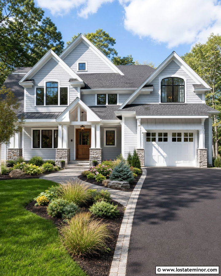 Light Grey House With Asphalt And Stone Border - 30 Light Grey House Design With Driveway Ideas