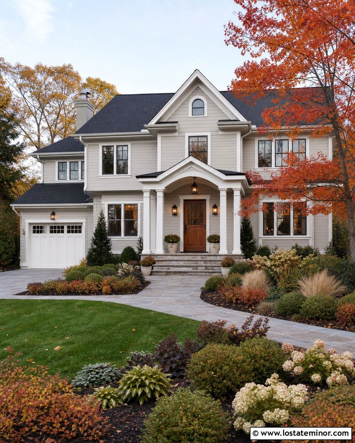 Light Grey House With Autumn Colored Landscaping - 30 Light Grey House Design With Landscaping Ideas