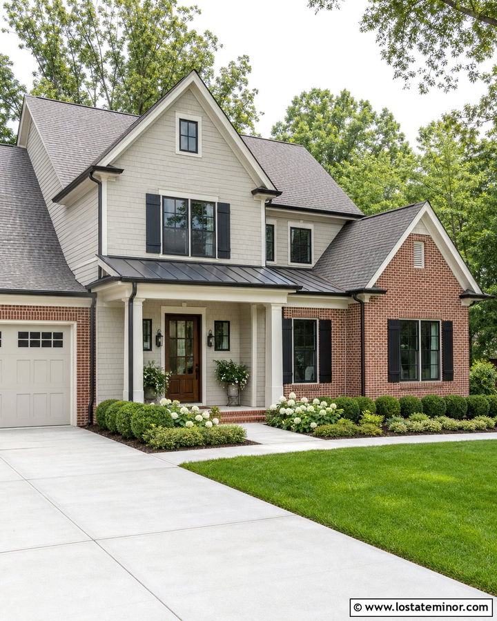 Light Grey House With Awning And Red Brick - 30 Light Grey House Design With Awning Ideas