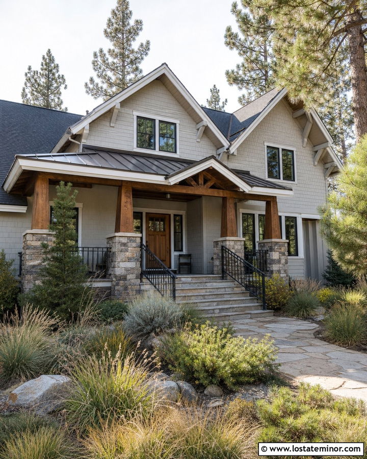 Light Grey House With Awning And Stone Porch - 30 Light Grey House Design With Awning Ideas