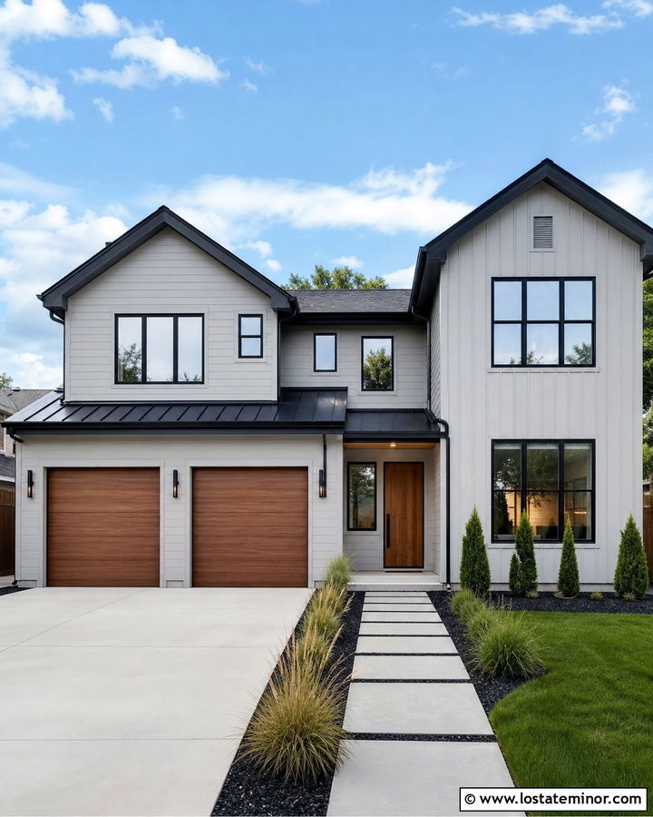 Light Grey House With Awning Over Garage Doors - 30 Light Grey House Design With Awning Ideas