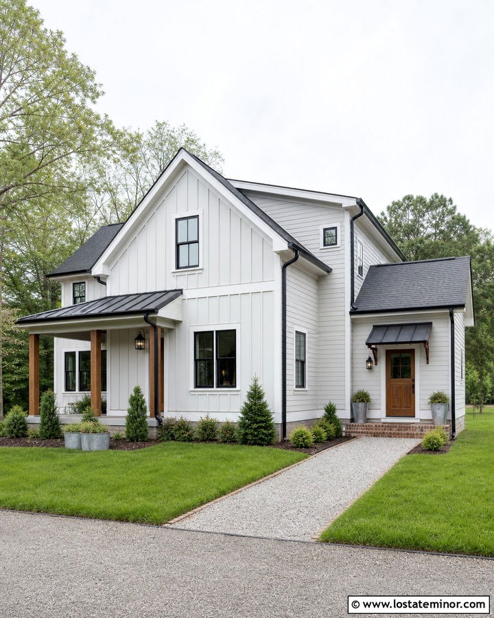 Light Grey House With Awning Over Side Entrance - 30 Light Grey House Design With Awning Ideas