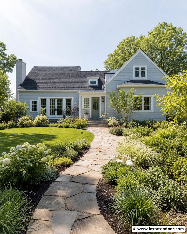 Light Grey House With Backyard Garden Path - 30 Light Grey House Design With Backyard Ideas