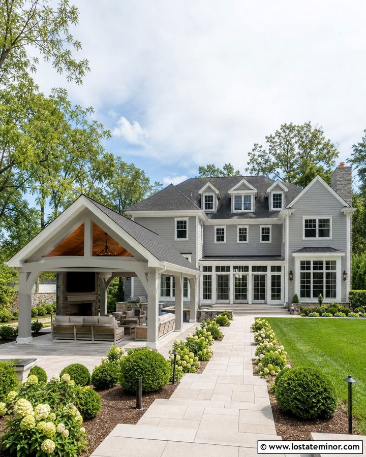 Light Grey House With Backyard Pavilion - 30 Light Grey House Design With Backyard Ideas