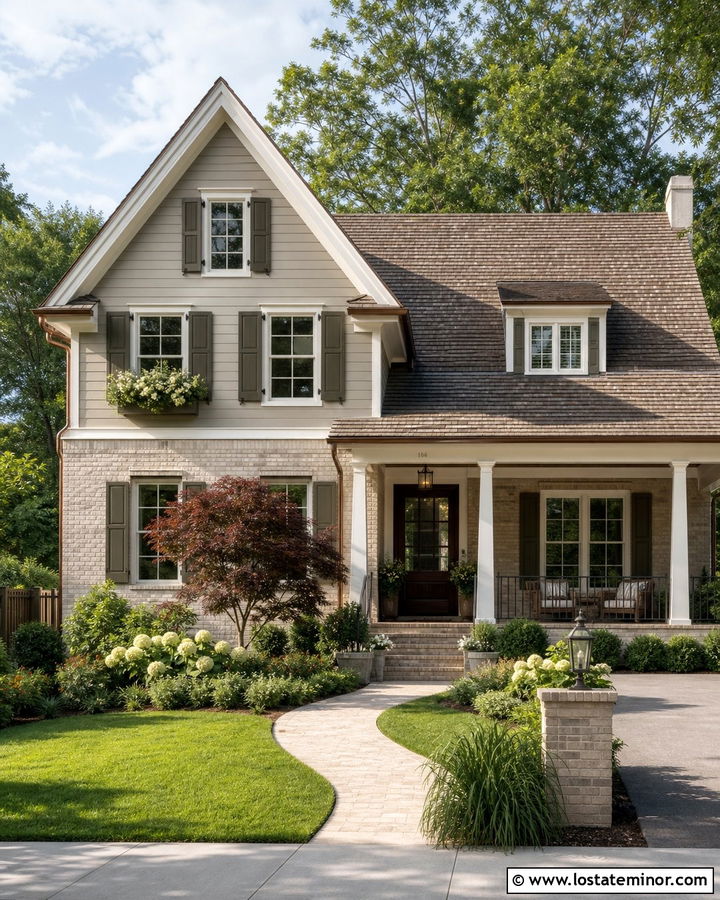 Light Grey House With Beige Brick And Olive Shutters - 30 Light Grey House Design With Brick Accents Ideas