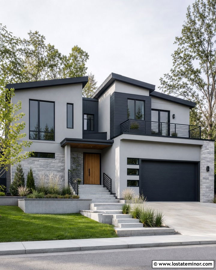 Light Grey House With Black Balcony And Stair Railings - 30 Light Grey House Design With Railings Ideas