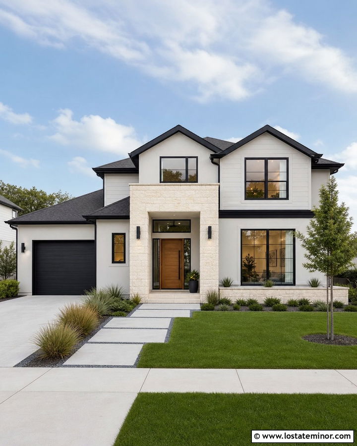 Light Grey House With Black Cylinder Lights - 30 Light Grey House Design With Lighting Ideas