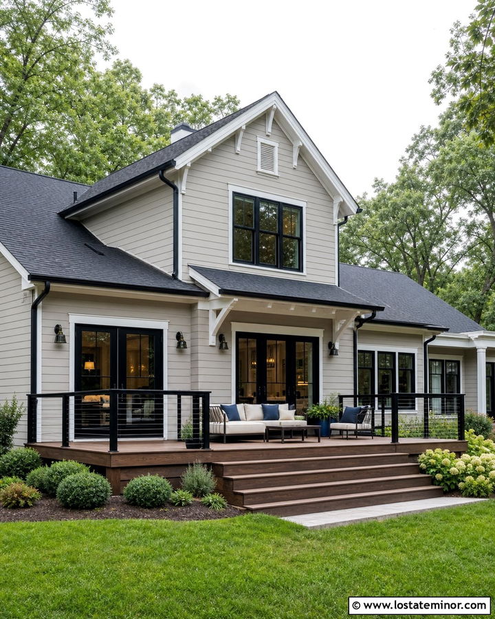 Light Grey House With Black Deck Railing - 30 Light Grey House Design With Backyard Ideas