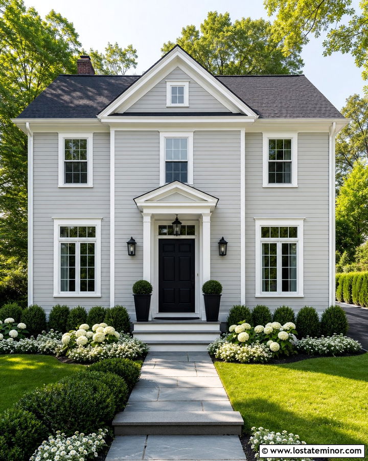 Light Grey House With Black Door And White Flowers - 30 Light Grey House Design With Landscaping Ideas