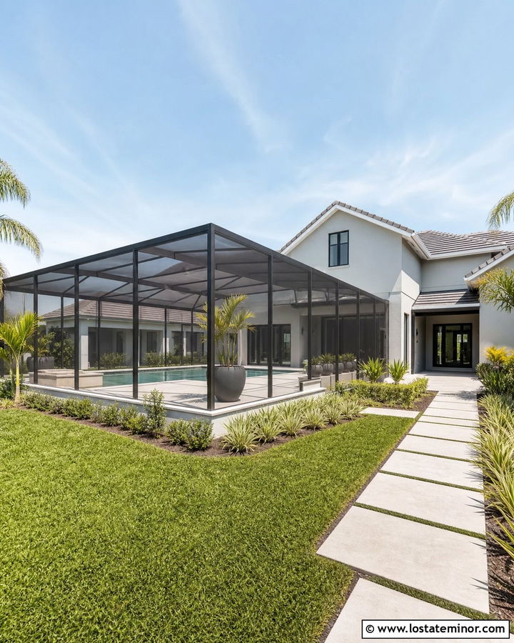 Light Grey House With Black Framed Pool Enclosure - 30 Light Grey House Design With Swimming Pool Ideas