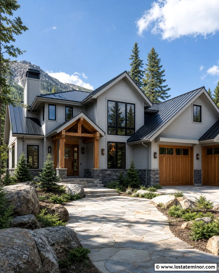 Light Grey House With Black Frames And Cedar Accents - 30 Light Grey House Design With Window Frames Ideas