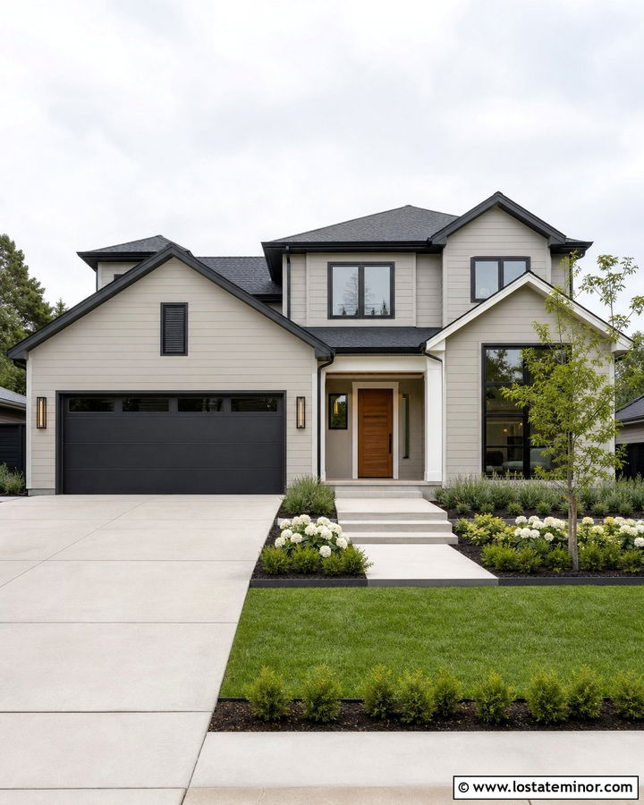 Light Grey House With Black Garage Door - 30 Light Grey House Design With Front Yard Ideas